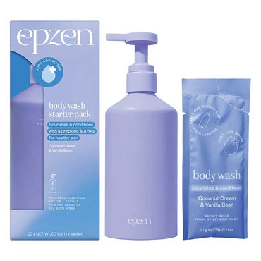 EpZen Body Wash Starter Pack Coconut Cream and Vanilla Bean Bottle + Sachet