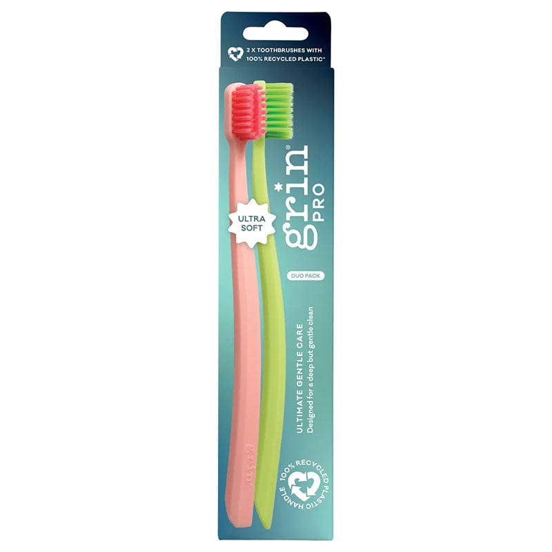 Grin Pro Ultimate Gentle Toothbrush Ultra Soft Pink, Green 2pk