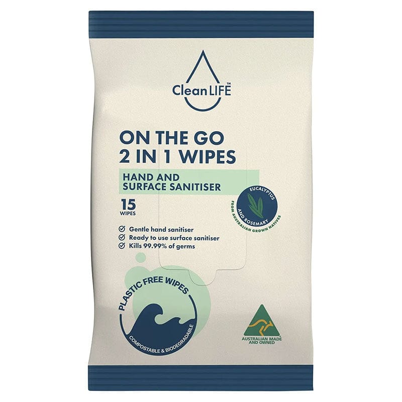 Cleanlife On The Go 2 in 1 Wipes Hand and Surface Sanitiser 15pk