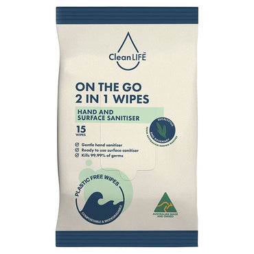 Cleanlife On The Go 2 in 1 Wipes Hand and Surface Sanitiser 15pk