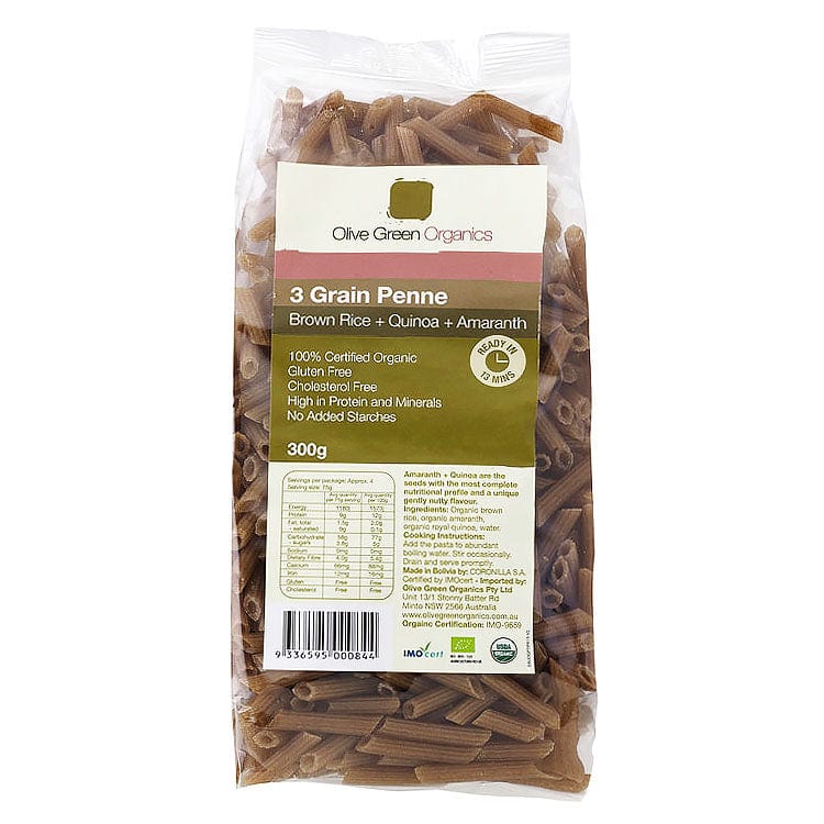 Olive Green Organics Pasta Brown Rice, Quinoa and Amaranth Penne 300g